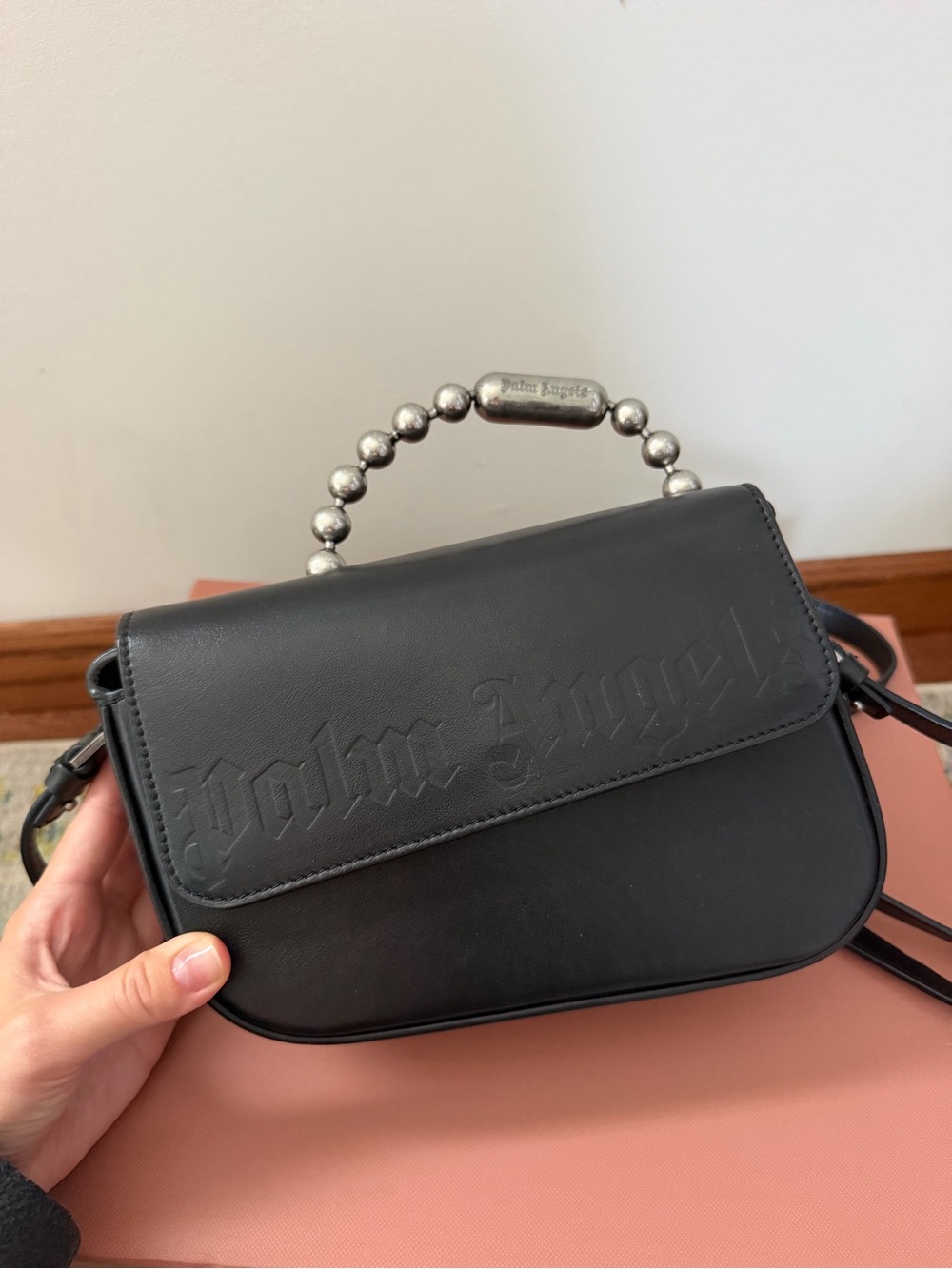 Palm Angels Black Leather Shoulder Bag with Silver Bead Top Handle
